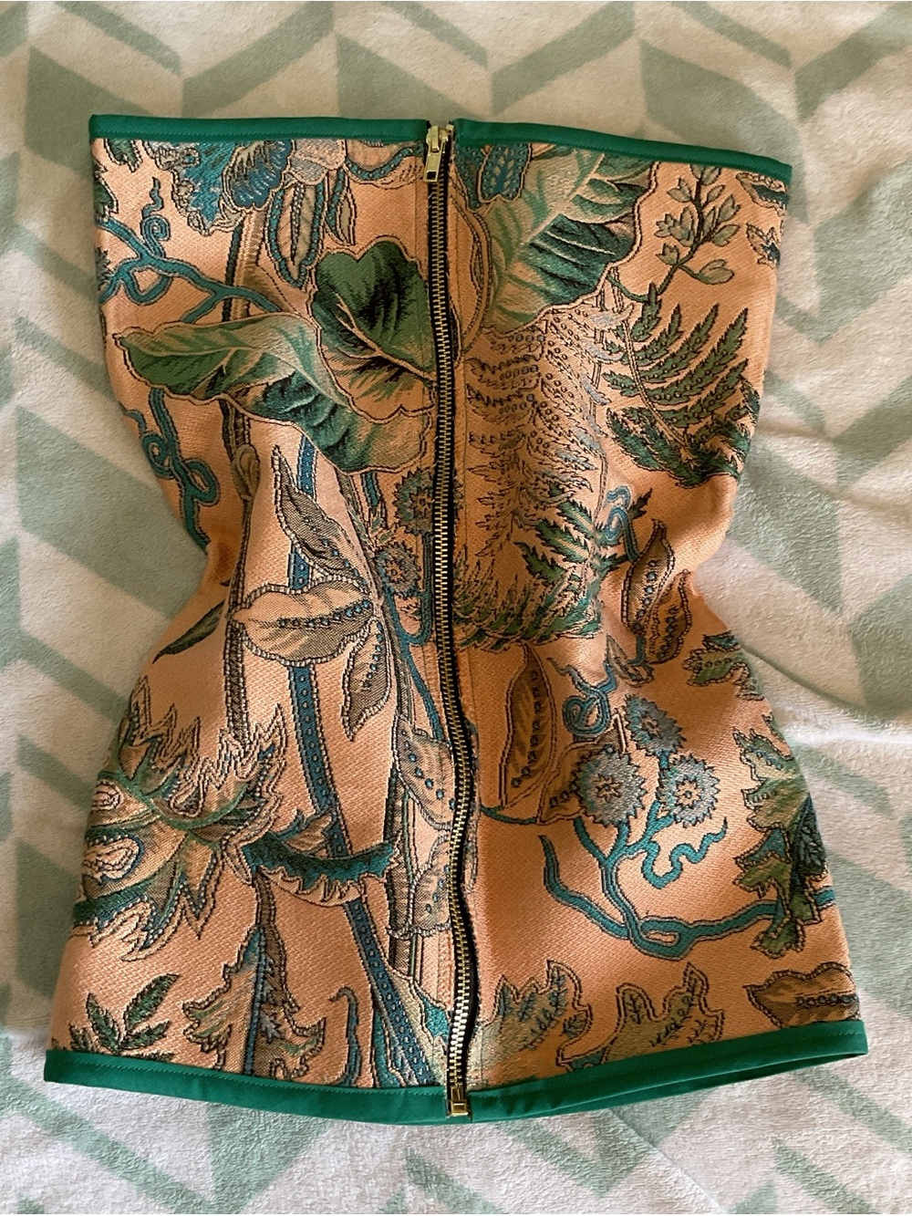 Tropical teal and peach print strapless top